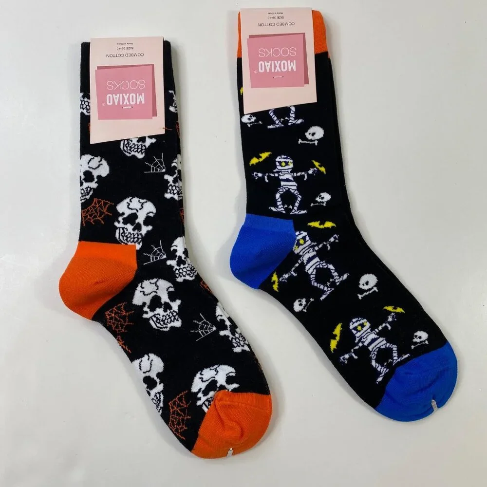 Womens Halloween Crew Socks 2-Pack Skulls Spider Webs Mummies Black Orange Blue